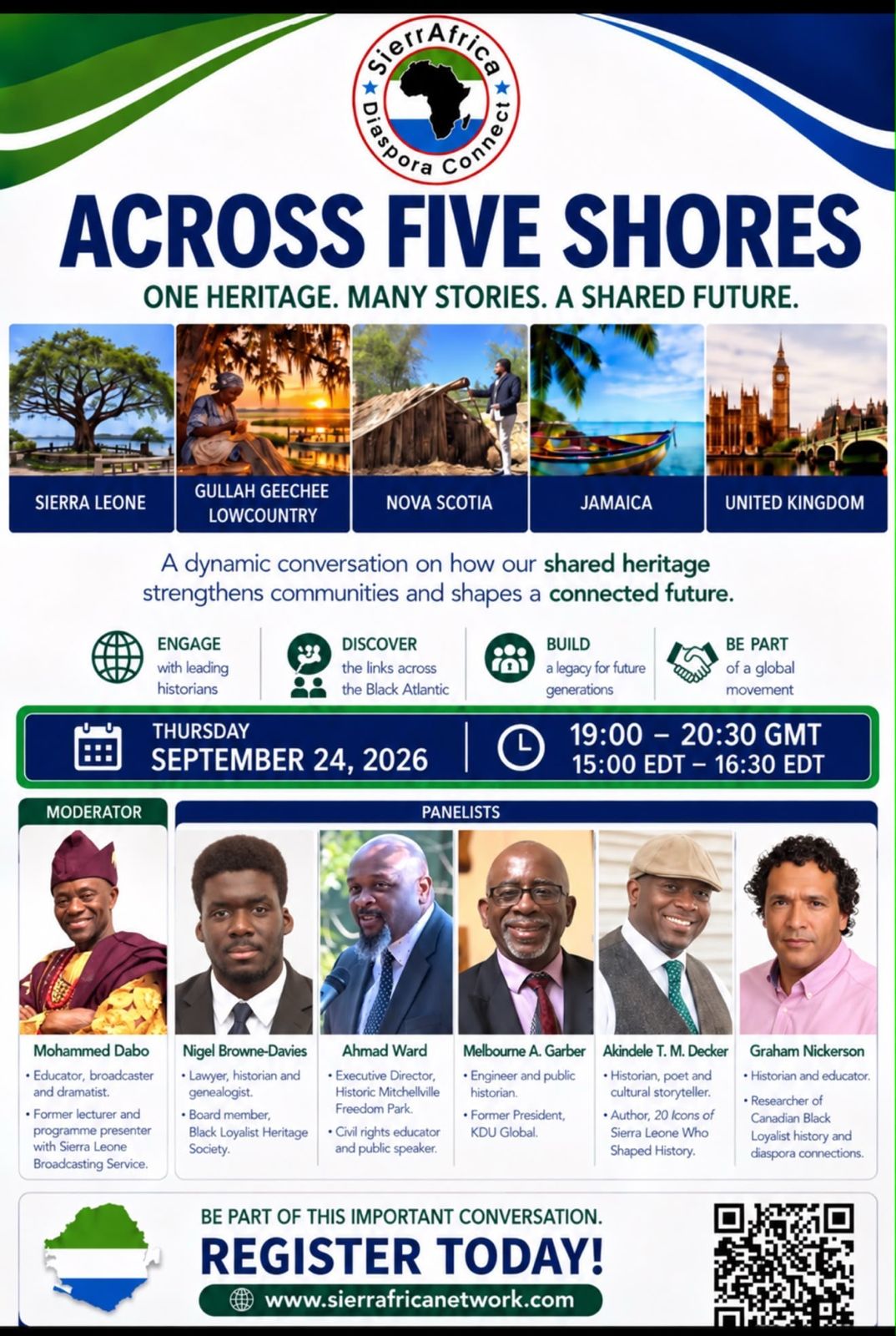 Across Five Shores webinar flyer showing the moderator, panelists, date and registration information