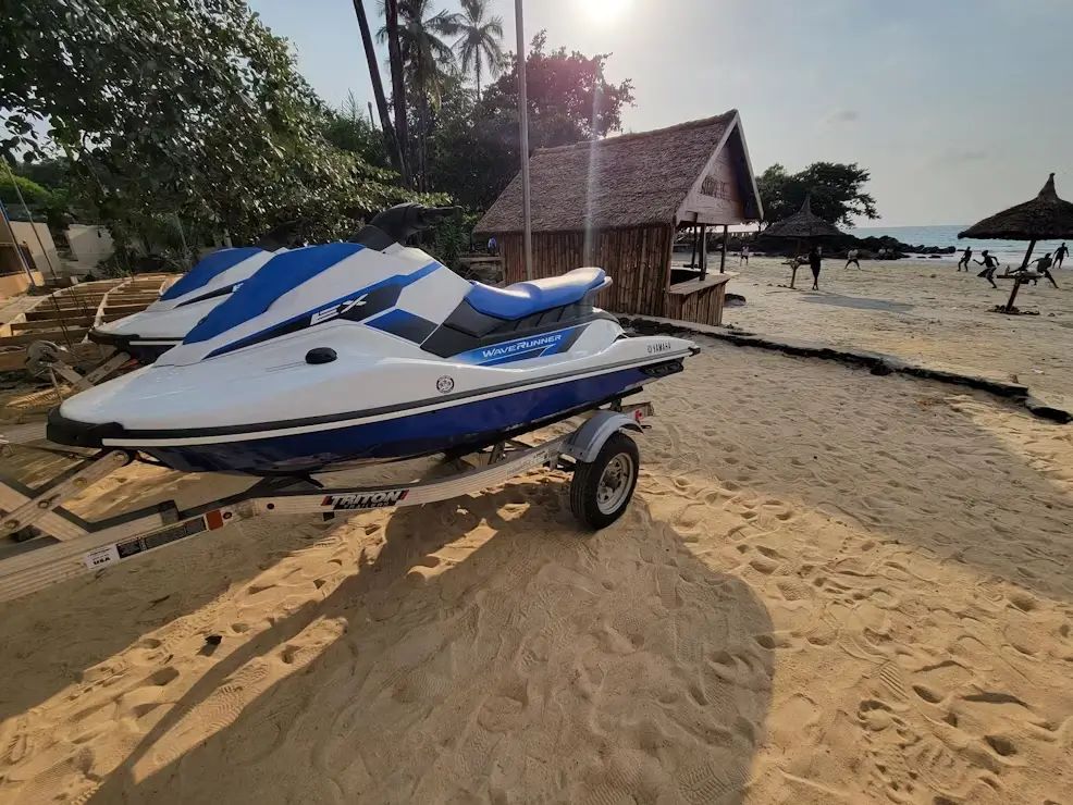 Jet skis available for water sports at Mozza Beach